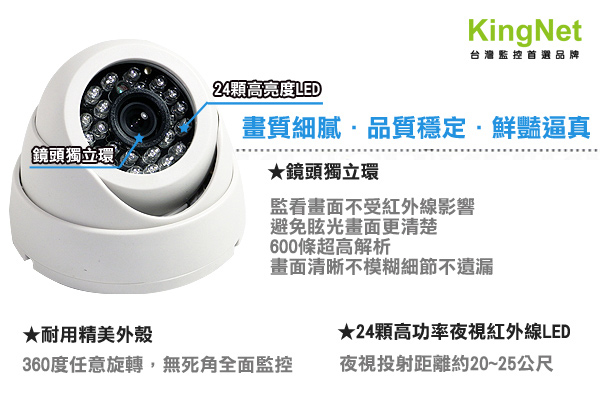 【kingNet】高解析 24燈 高功率 夜視 攝影機 鏡頭 高感度 室內外 IR LED
