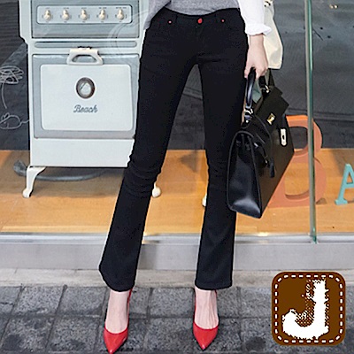 正韓 低腰素黑顯瘦紅扣窄管-(黑色)100%Korea Jeans