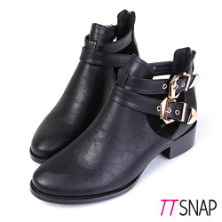 TTSNAP短靴 潮流個性雙釦帶鏤空低跟靴