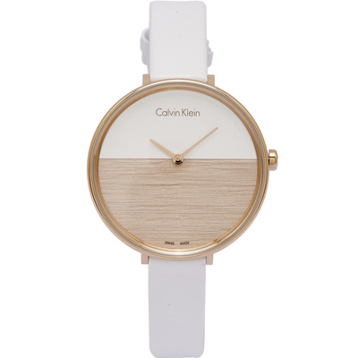 CK Calvin Klein清新木質感女性手錶(K7A236LH)-白與粉膚面/38mm