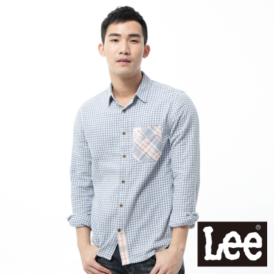 Lee 長袖襯衫 法藍絨拼接-男款(粉橘+藍格紋)