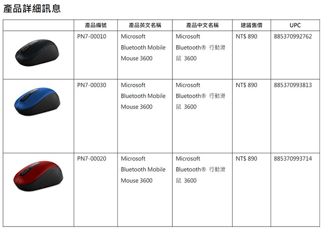 微軟 Microsoft Bluetooth行動滑鼠 3600