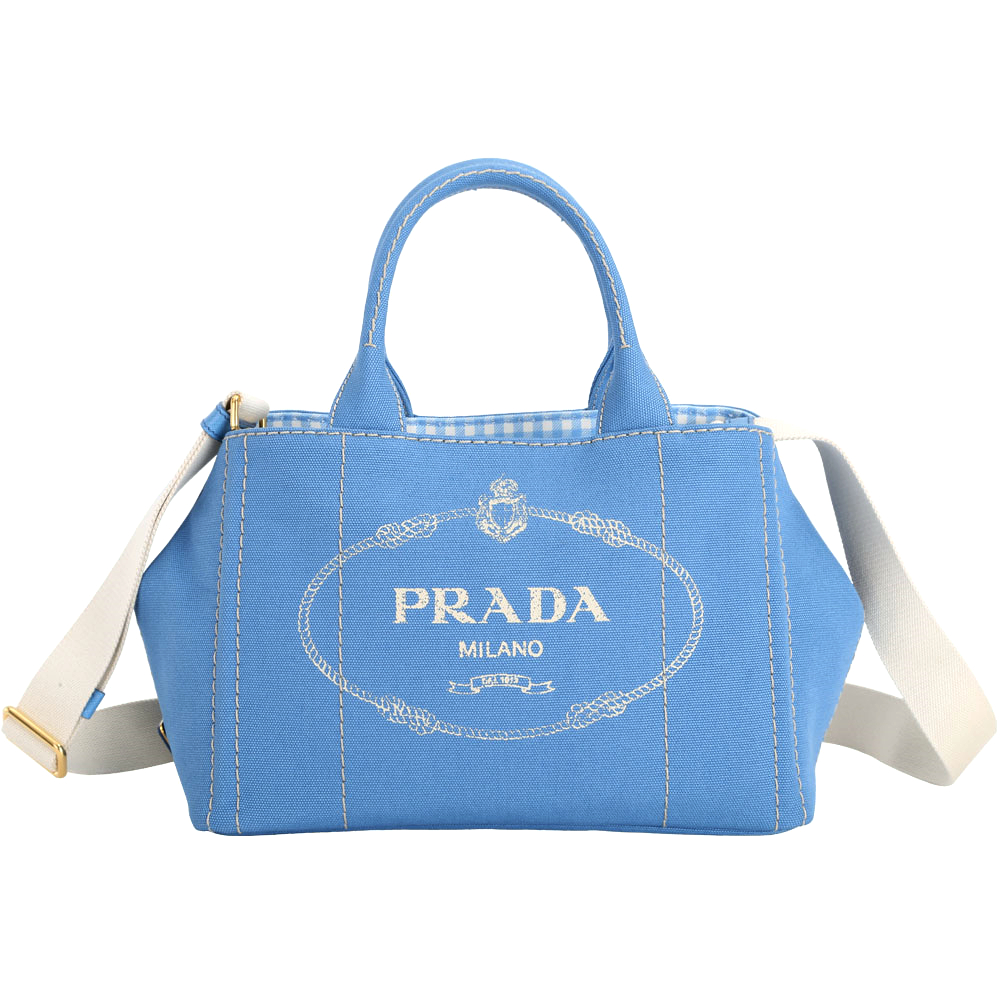 PRADA Canvas 拼接格紋帆布兩用提包(小/天空藍)