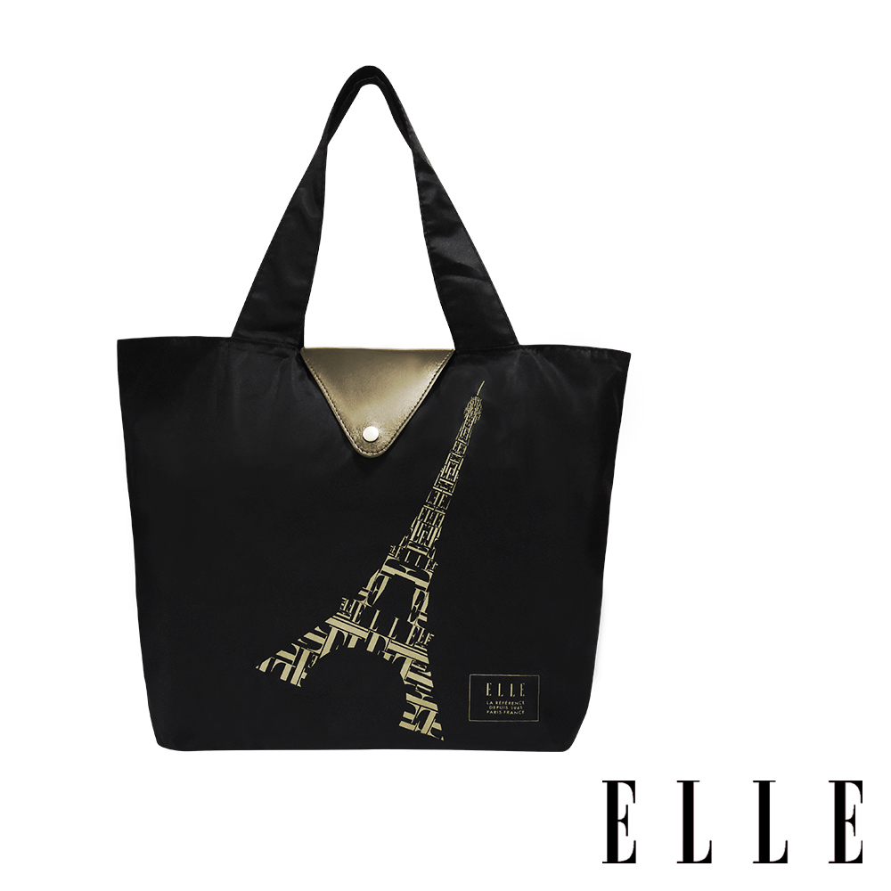 ELLE 鐵塔插畫環保摺疊購物袋-香檳金 G52368