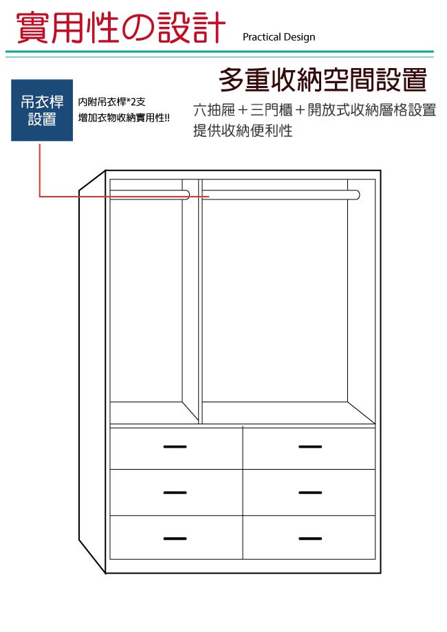 品家居 菲莉3.9尺三門六抽衣櫃(二色可選)-116x56x197cm免組