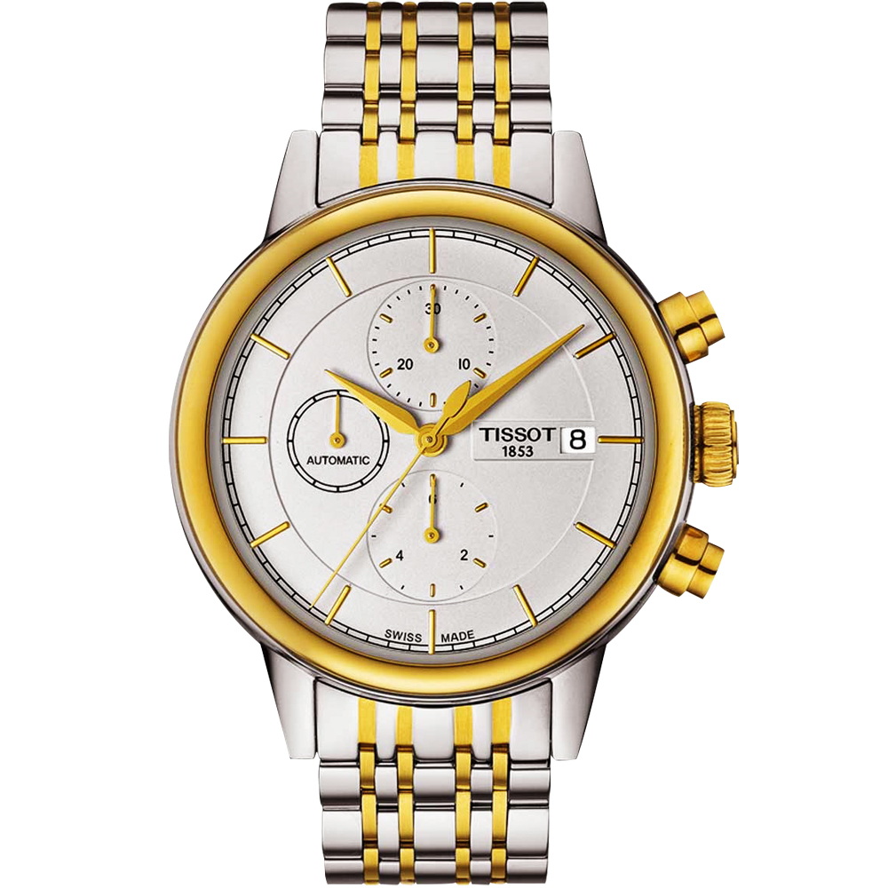 TISSOT 天梭 官方授權 Carson 經典羅馬計時機械腕錶-銀x金/42mm T0854272201100