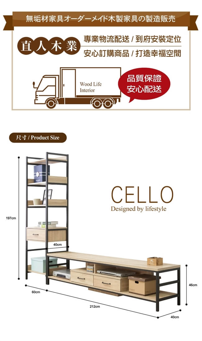 日本直人木業-CELLO明亮簡約輕工業風212CM電視櫃加1抽60CM置物櫃