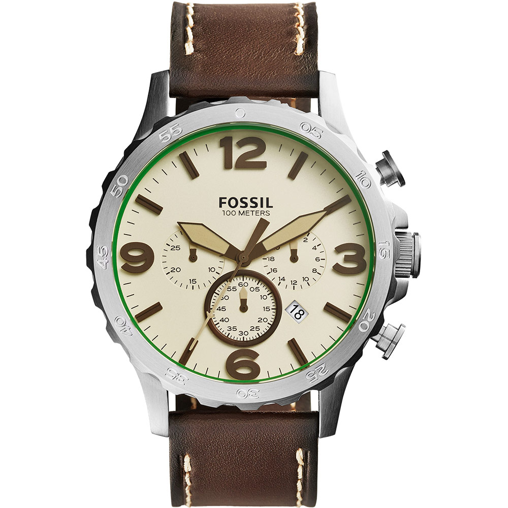 FOSSIL 大世紀戰神三眼計時腕錶-米黃x咖啡/50mm