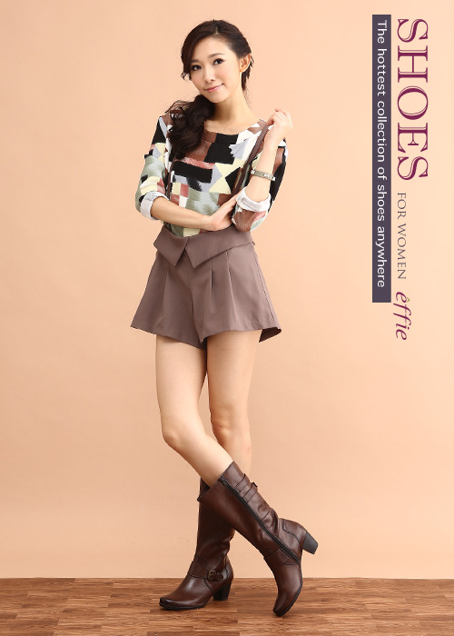 effie 魅力時尚 復古素面拼接方扣粗跟長靴 茶色