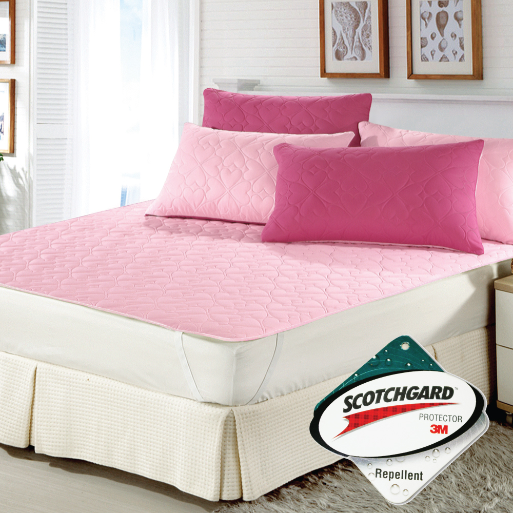 精靈工廠 雙色幸運草系列3M防潑水加大三件式舖棉平單保潔墊-粉紅+桃紅