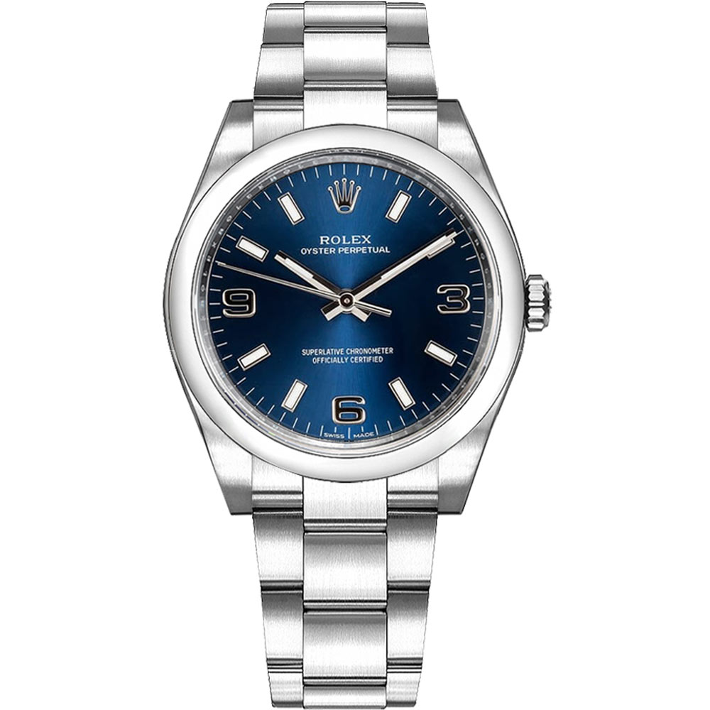 ROLEX 勞力士 114200蠔式女錶 藍面時刻369數字-34mm