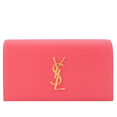 YSL 牛皮蓋釦經典金LOGO手拿晚宴包(粉紅)