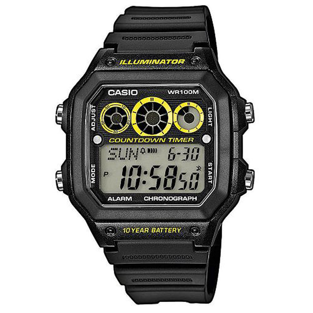 CASIO 10年電力亮眼設計方形數位錶(AE-1300WH-1A)-黑框x黃錶圈/42m