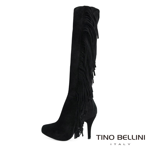 Tino Bellini 剛柔氣勢綻放流蘇高跟長靴_黑