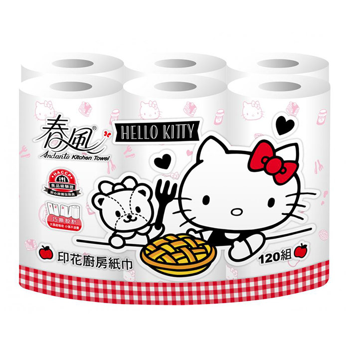 春風Hello Kitty印花廚房紙巾 120組X6捲/串 - 巧撕設計