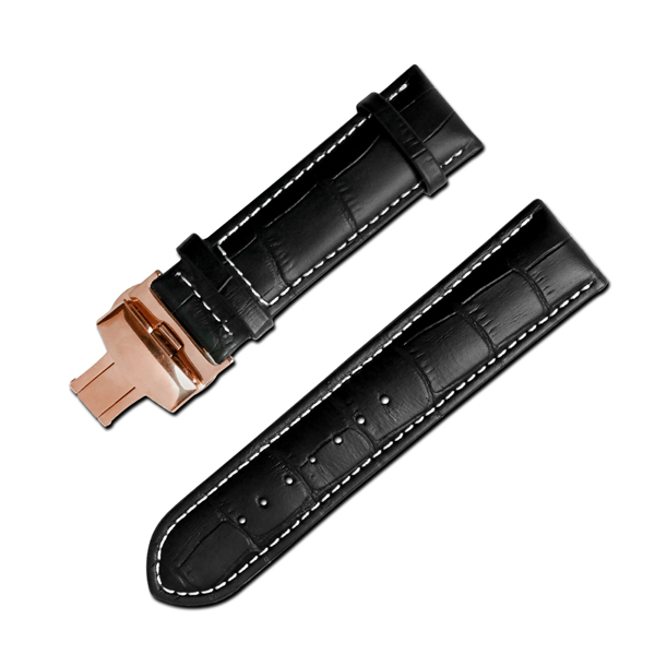 Watchband 經典復刻時尚指標壓紋真皮雙邊壓扣錶帶 黑x白x玫瑰金扣