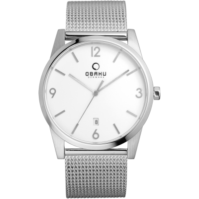 OBAKU 極致深焙簡約日期腕錶-銀框白x米蘭帶/40mm