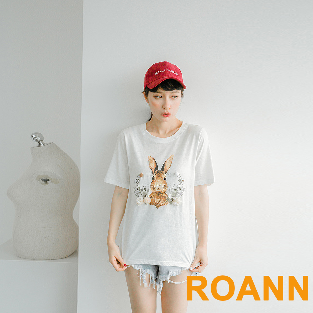 圓領可愛兔子圖紋短袖T恤 (白色)-ROANN