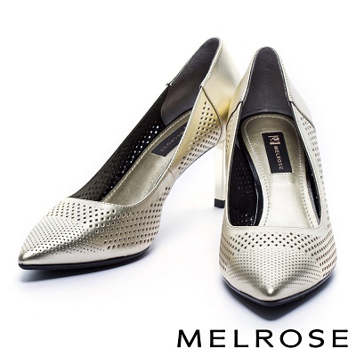 高跟鞋 MELROSE 個性沖孔貼膜牛皮尖頭高跟鞋－金