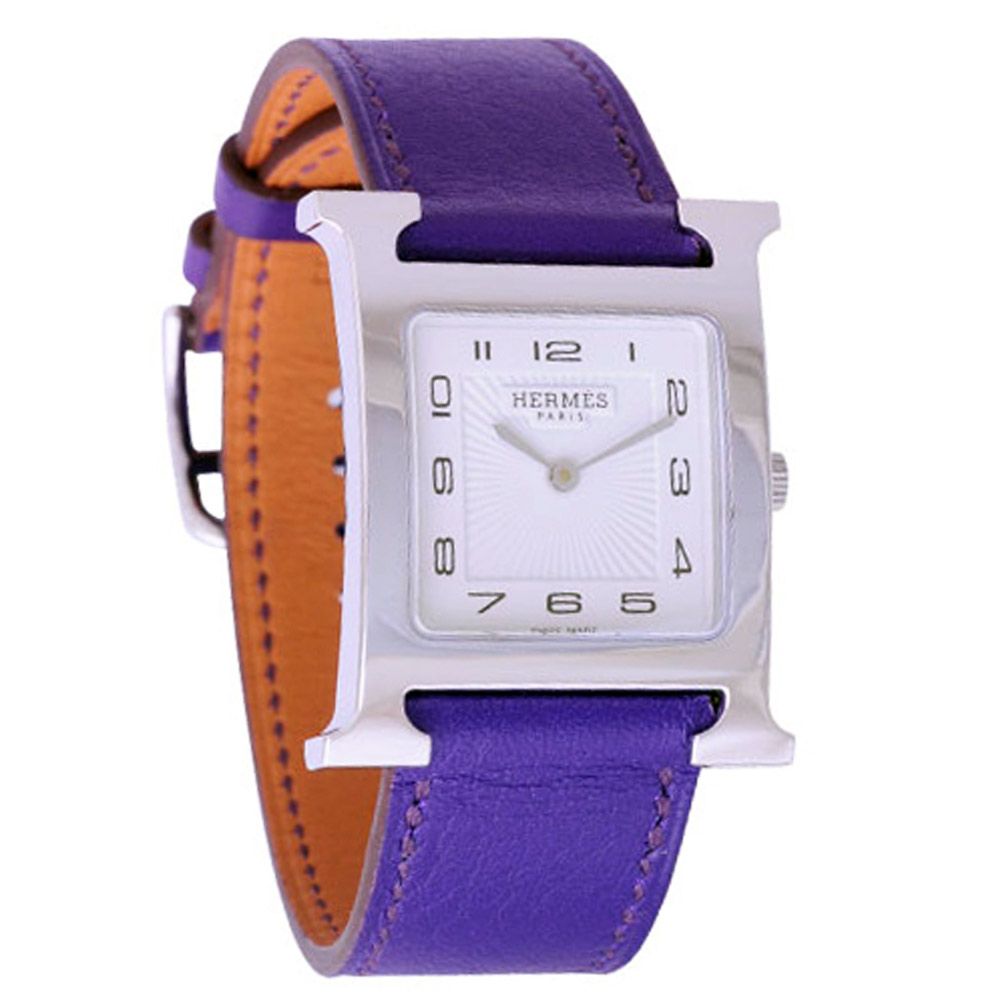 HERMES H-OUR 系列經典時尚腕錶-白x紫錶帶/25*35mm