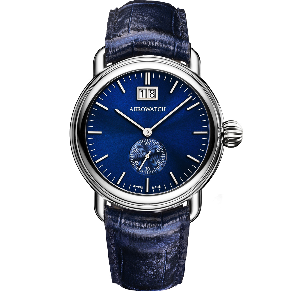 AEROWATCH 太陽飾紋大日期小秒針腕錶-藍/40mm