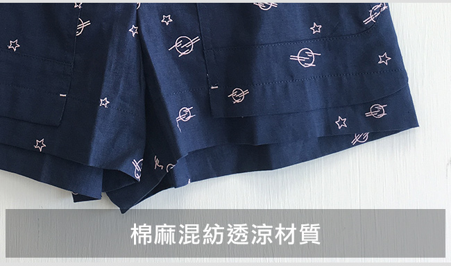 gozo 小行星刺繡棉麻透涼短褲(深藍)