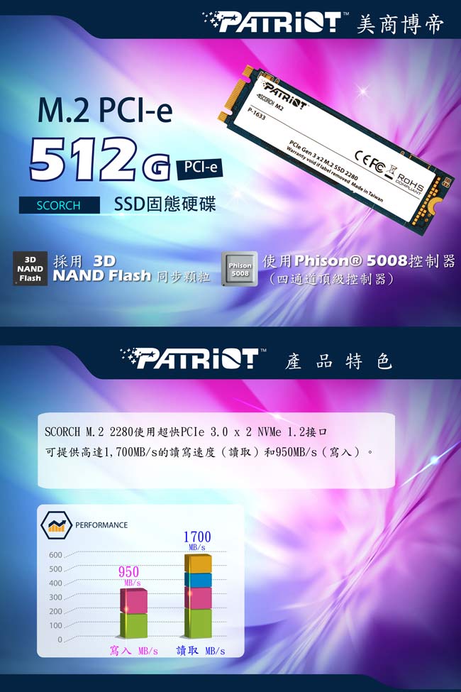 Patriot美商博帝 SCORCH 512G M2.2280 PCIe SSD固態硬碟