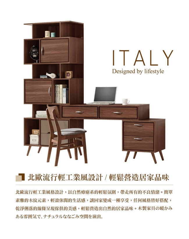 日本直人木業-ITALY淺胡桃可調整書桌櫃組(225x40x196cm)