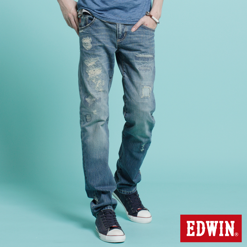 EDWIN 無畏個性 B.T破壞中直筒牛仔褲-男-石洗藍