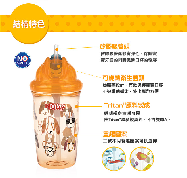 Nuby 晶透學飲杯細吸管300ml-橘(12M+)