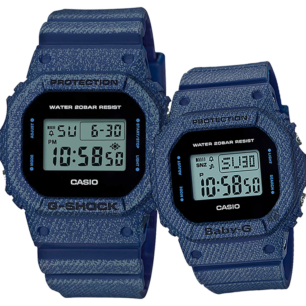 CASIO卡西歐 限量丹寧電子錶對錶-深藍/48.9+44.7mm