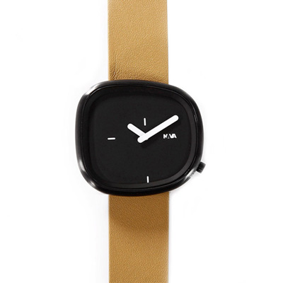 NAVA DESIGN 經典淬鍊石頭造型腕錶-黑面x棕色錶帶/42mm