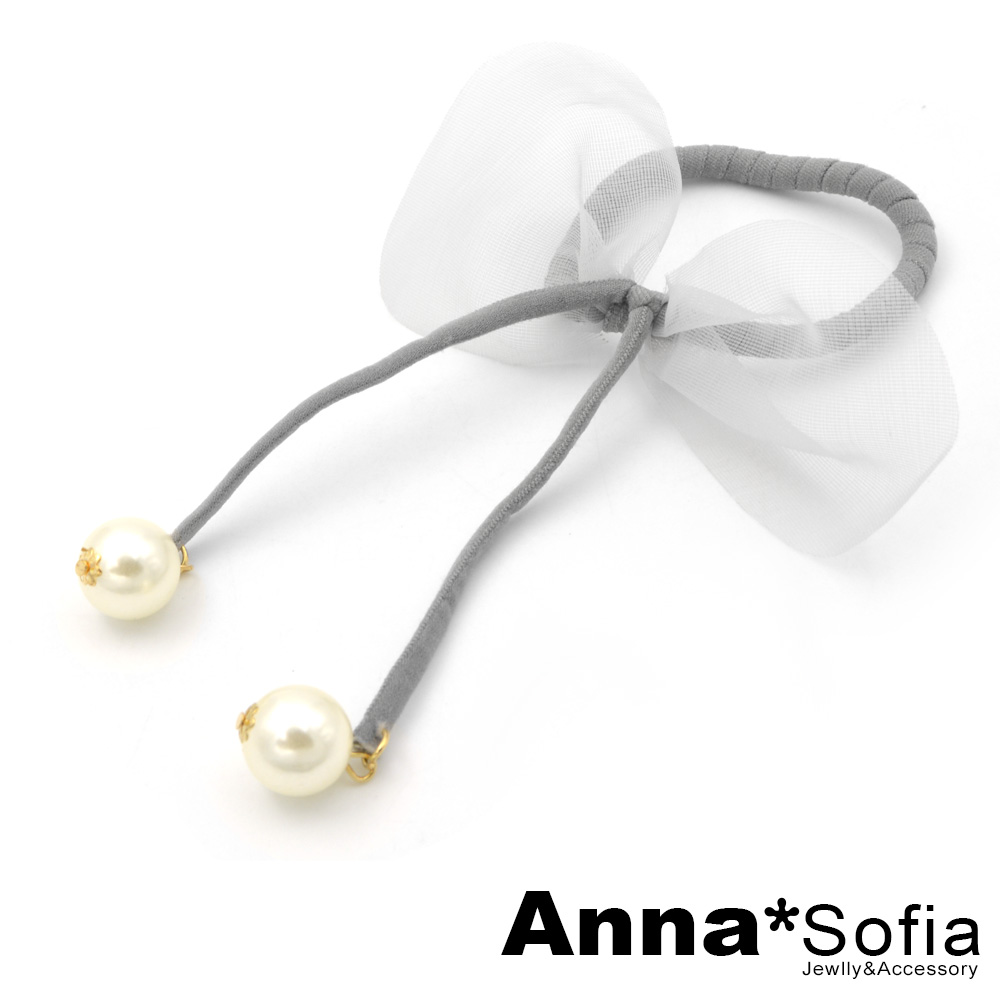 AnnaSofia 雙垂珠透紗兔耳 純手工彈性髮束髮圈髮繩(灰系)