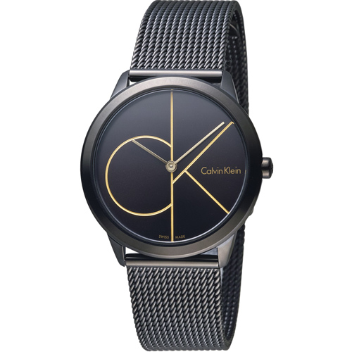Calvin Klein minimal大 ck 簡約時尚腕錶-黑x金色/35mm