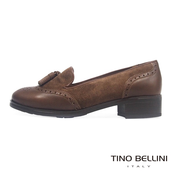 Tino Bellini 西班牙真皮雕花流蘇低跟樂福鞋_深咖