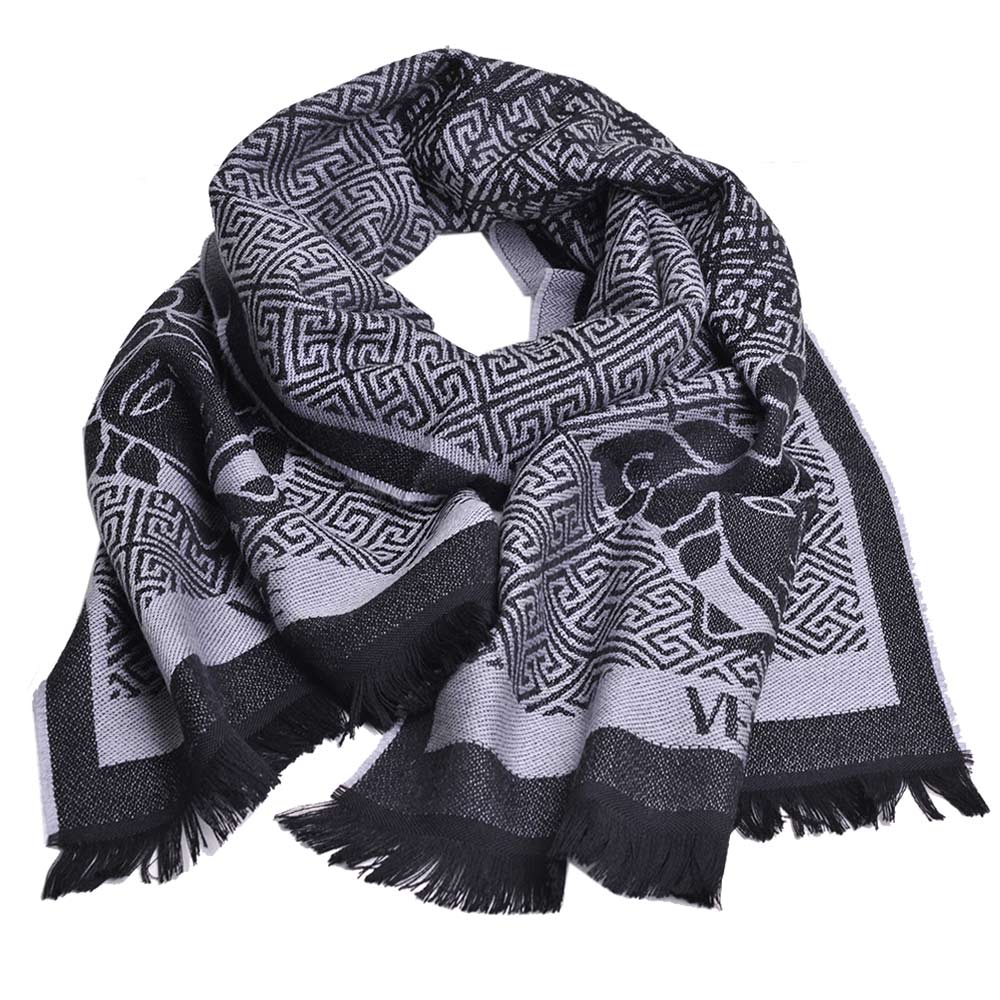 VERSACE 凡賽斯梅杜莎圖騰品牌字母LOGO義大利製設計羊毛披肩圍巾(黑/深灰)