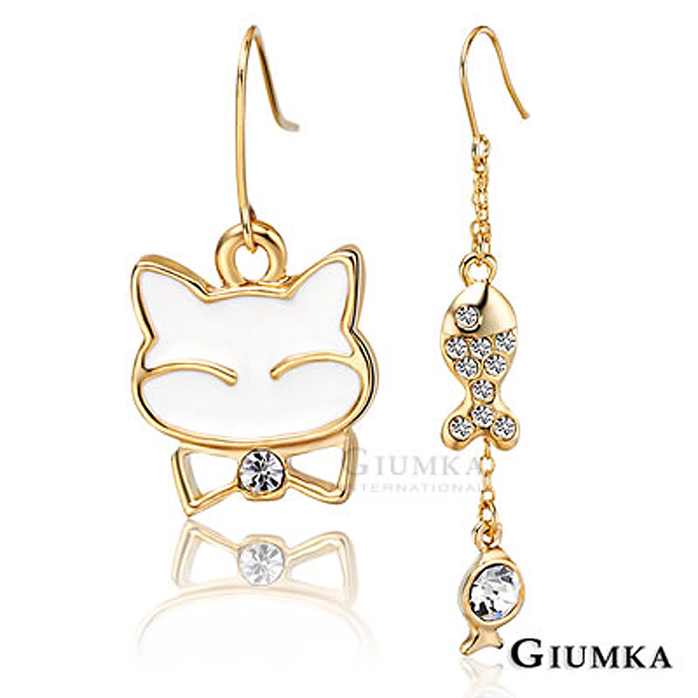 GIUMKA耳環 白貓與魚不對稱耳勾耳環(金色)