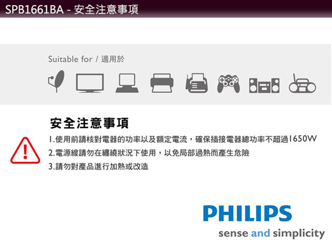 PHILIPS 飛利浦 過載防護型 6開6插3孔延長線 (1.8米)