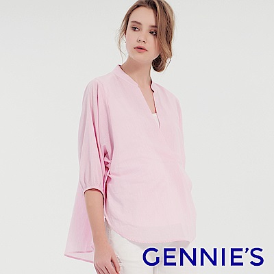 Gennies專櫃-純棉條紋立領燈籠袖哺乳衣(T3F05)粉白條
