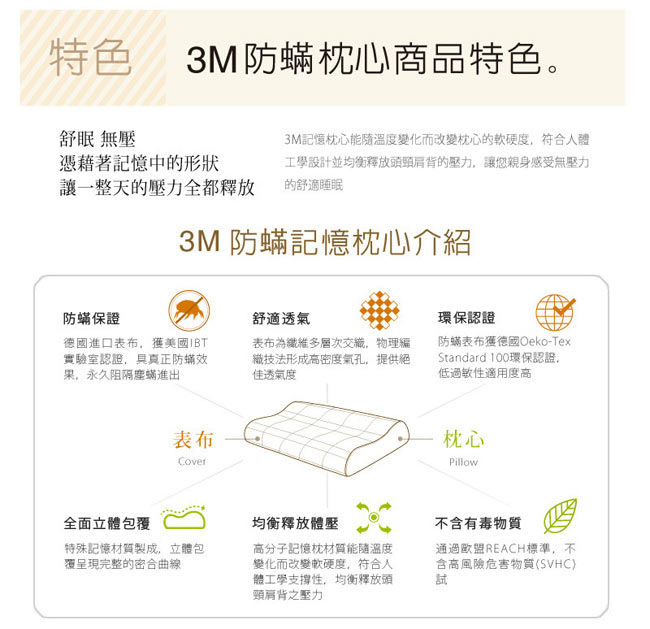 3M 新絲舒眠防蹣記憶枕-平板支撐型M+L(2入組)