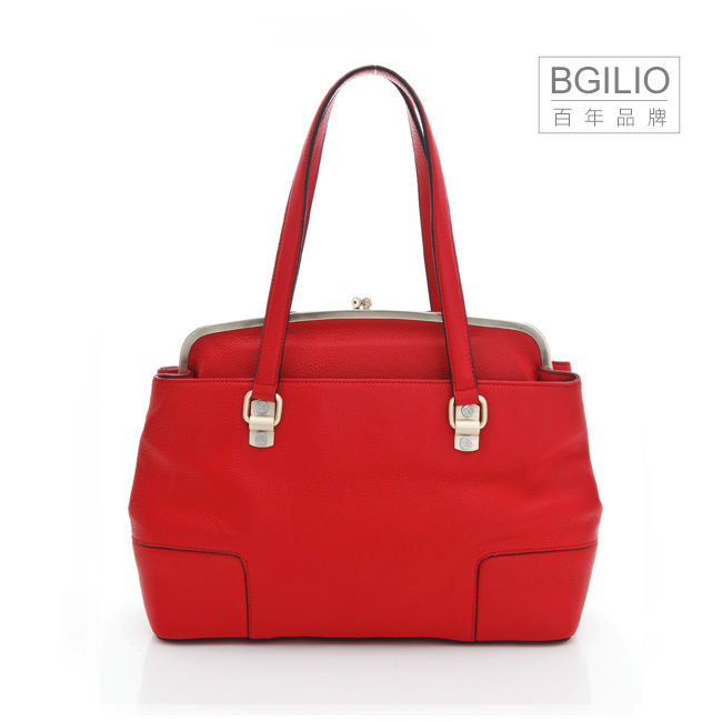 【義大利BGilio】- 經典復古雙圓五金釦牛皮手提包(大款) - 紅色 1700.001