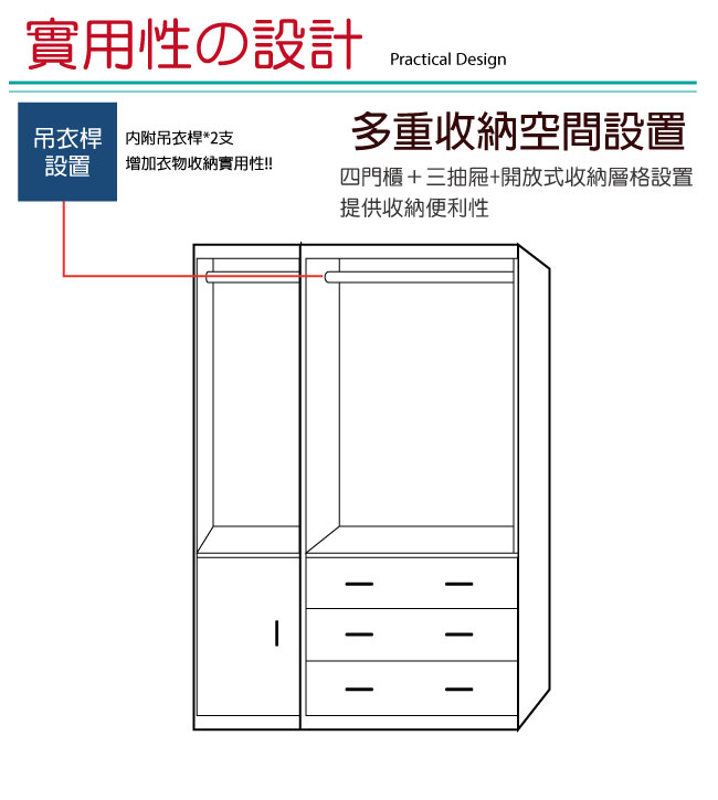 品家居 格比3.8尺四門三抽衣櫃(二色可選)-113.5x57x200.5cm免組