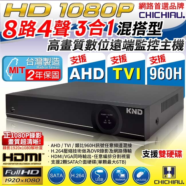 奇巧 8路1080P AHD-TVI 3合一雙硬碟款混搭型數位監控錄影主機