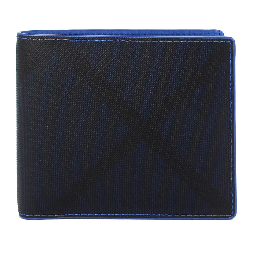 BURBERRY 黑藍色格紋防水材質皮飾邊短夾