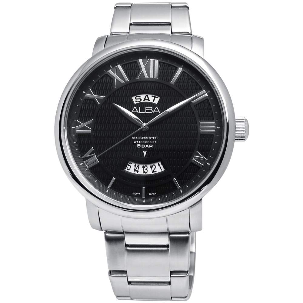 ALBA 羅馬時差條紋面不鏽鋼腕錶(AV3175X1)-黑色 /44mm