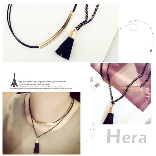 Hera 赫拉 金屬扣流蘇雙層短項鍊/鎖骨鏈/頸鍊黑色