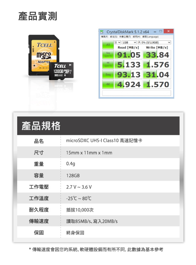 TCELL冠元 MicroSDXC UHS-I 128GB 85MB/s高速記憶卡