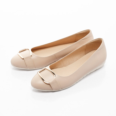 KOKKO-復古圓環扣皮帶真皮彈力休閒平底鞋-裸色