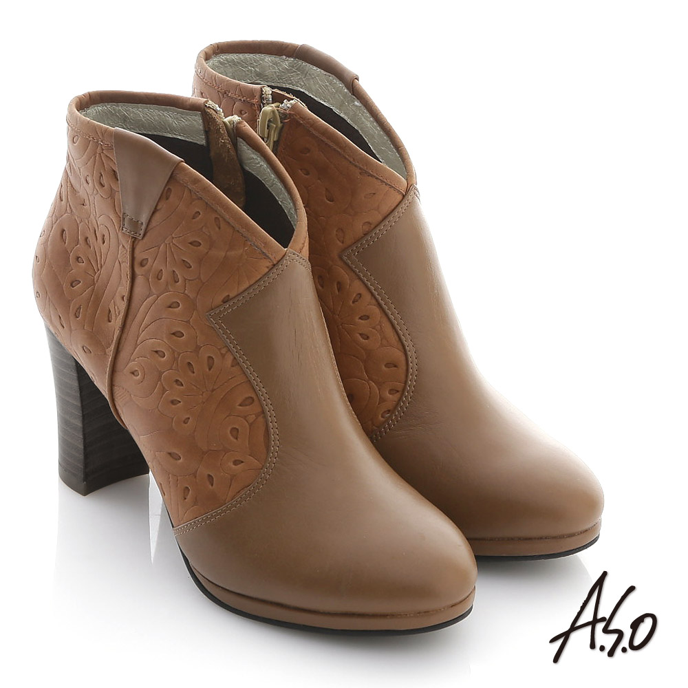 A.S.O 機能美靴 全真皮壓花奈米粗跟踝靴 茶