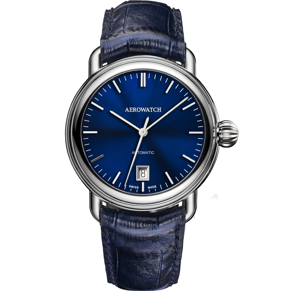 AEROWATCH 太陽飾紋經典時尚機械腕錶-藍/40mm